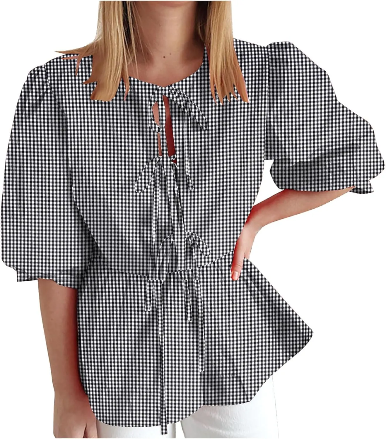 Womens Summer Tops Tie Front Peplum Shirts Puff Short Sleeve Plaid Floral Blouse Going Out Dating Girls Fashion Top