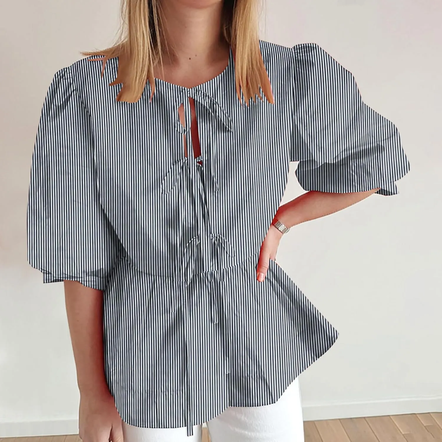 Womens Summer Tops Tie Front Peplum Shirts Puff Short Sleeve Plaid Floral Blouse Going Out Dating Girls Fashion Top