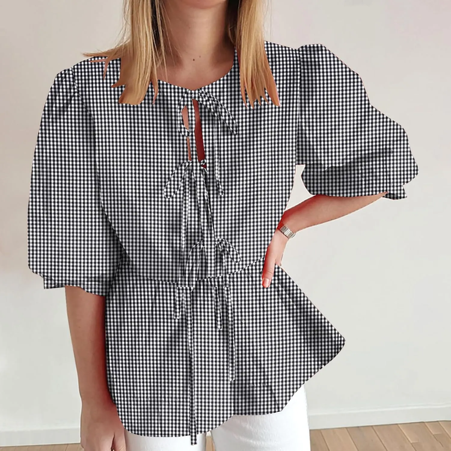 Womens Summer Tops Tie Front Peplum Shirts Puff Short Sleeve Plaid Floral Blouse Going Out Dating Girls Fashion Top
