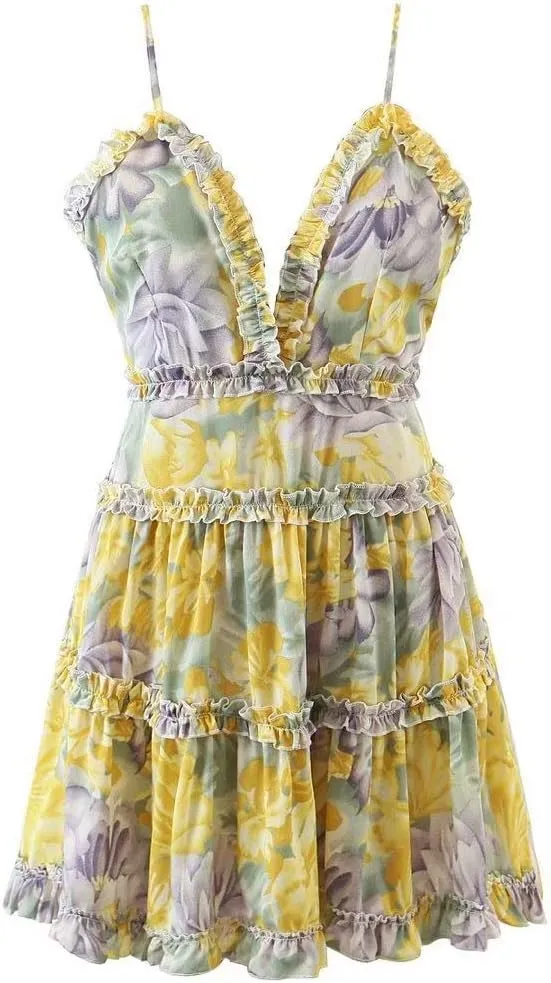 Womens Summer V Neck Adjustable Spaghetti Casual Floral Print Dress Ruffle Layer Backless Skater Swing Mini Dress (Color : Yellow, Size : Small)