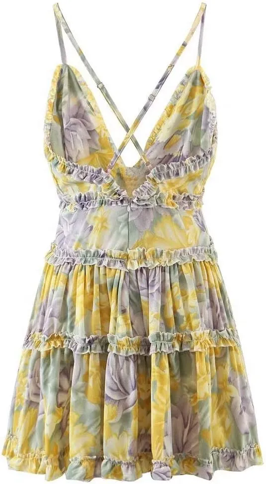 Womens Summer V Neck Adjustable Spaghetti Casual Floral Print Dress Ruffle Layer Backless Skater Swing Mini Dress (Color : Yellow, Size : Small)