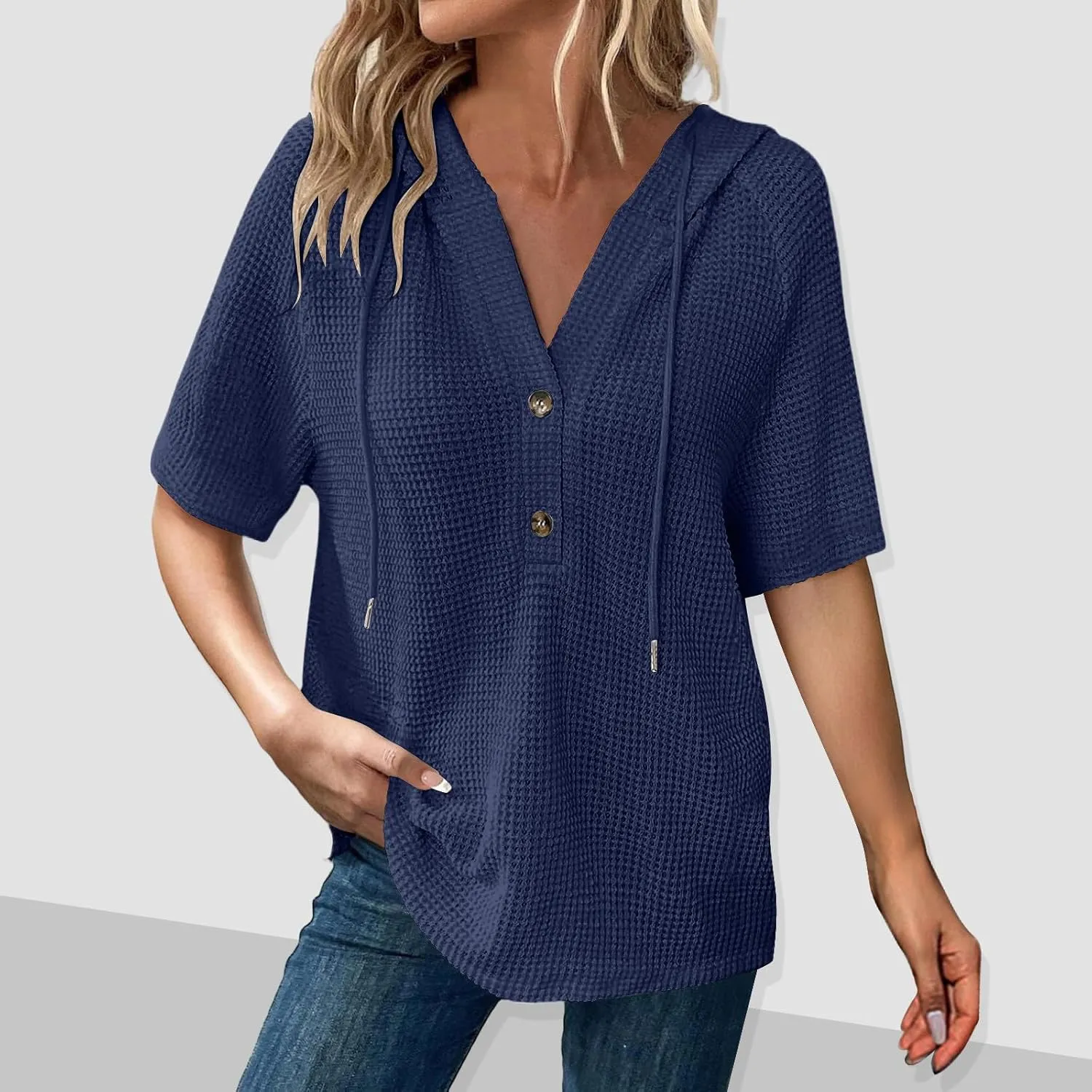 Womens Summer Waffle Knit Short Sleeve Tops Lightweight Drawstring Hoodies Button V Neck Casual Blouse Hooded Shirts
