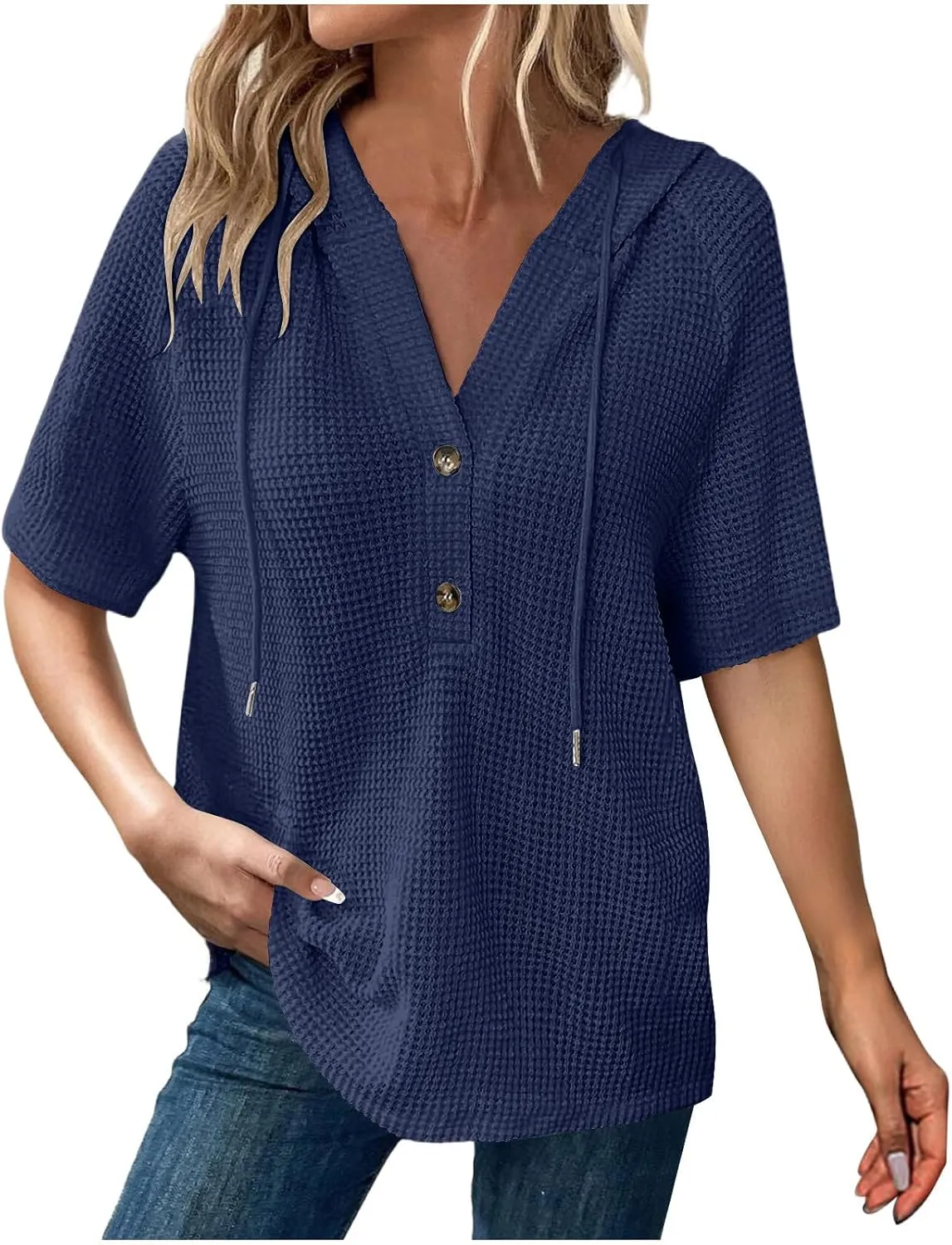 Womens Summer Waffle Knit Short Sleeve Tops Lightweight Drawstring Hoodies Button V Neck Casual Blouse Hooded Shirts