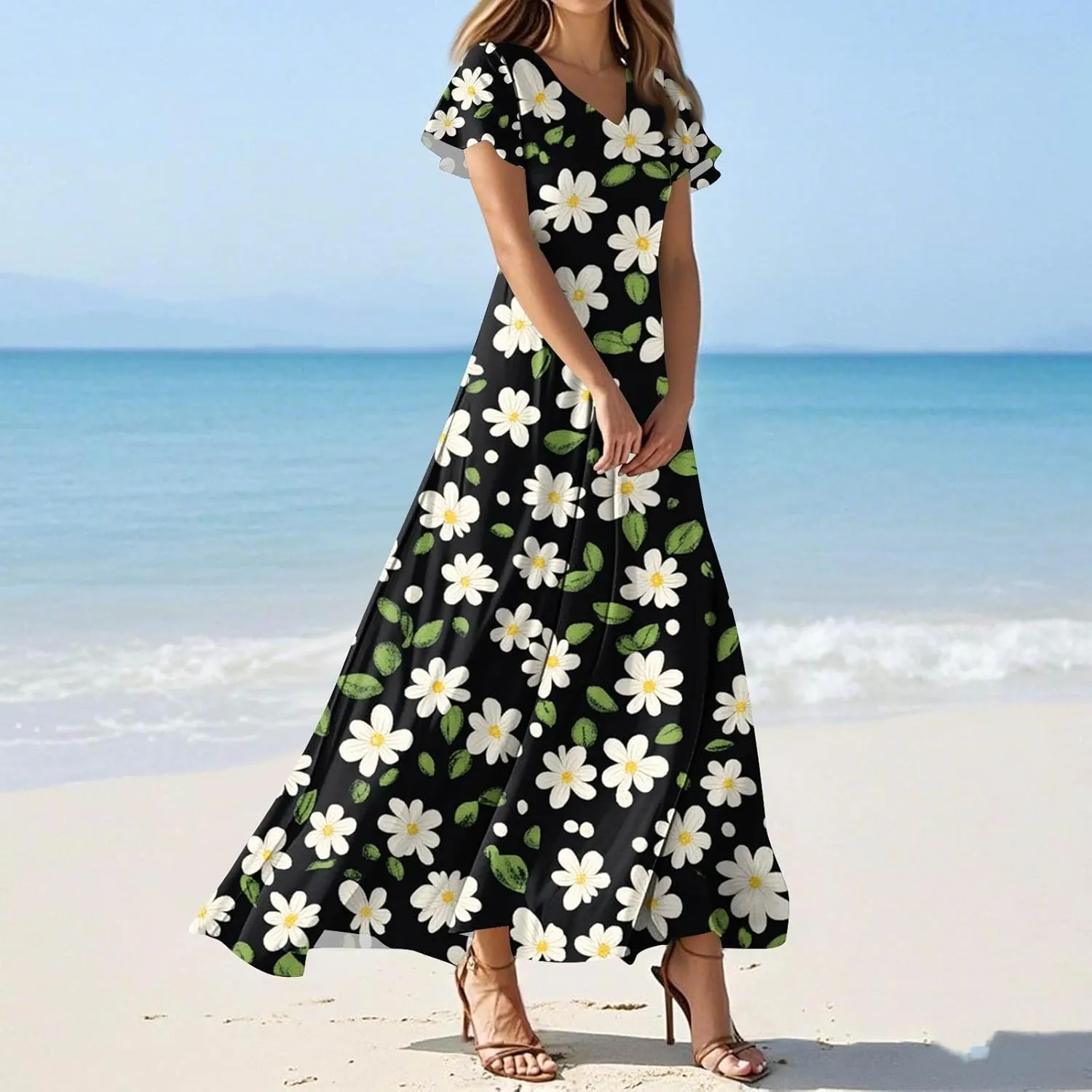 Women's Sundresses 2025 Casual Loose Trendy Short Sleeve V-Neck Floral Printed Beach Boho Maxi Dress, XS-2XL