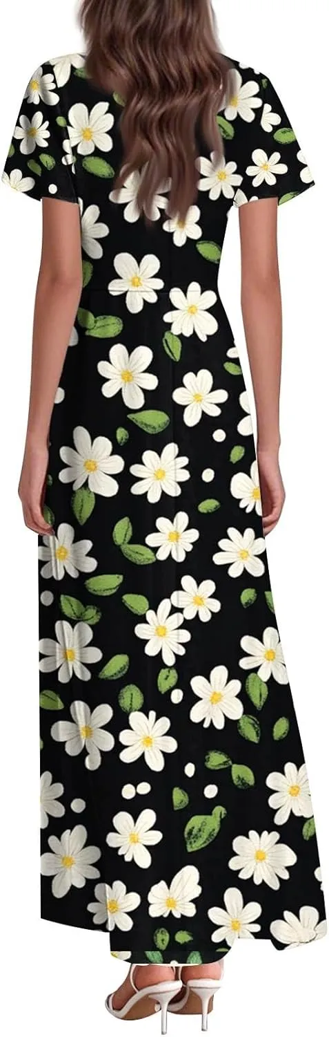 Women's Sundresses 2025 Casual Loose Trendy Short Sleeve V-Neck Floral Printed Beach Boho Maxi Dress, XS-2XL