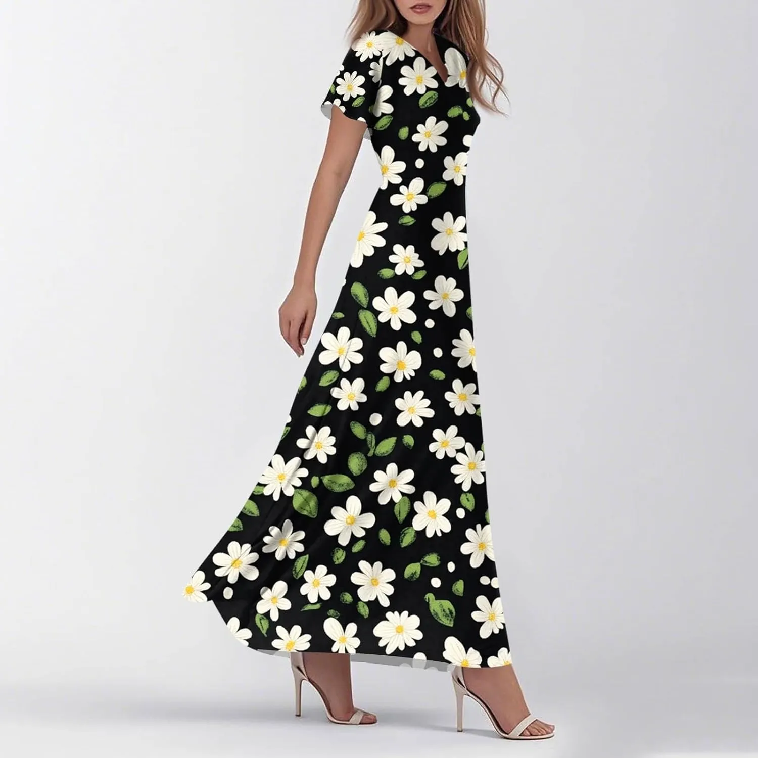 Women's Sundresses 2025 Casual Loose Trendy Short Sleeve V-Neck Floral Printed Beach Boho Maxi Dress, XS-2XL