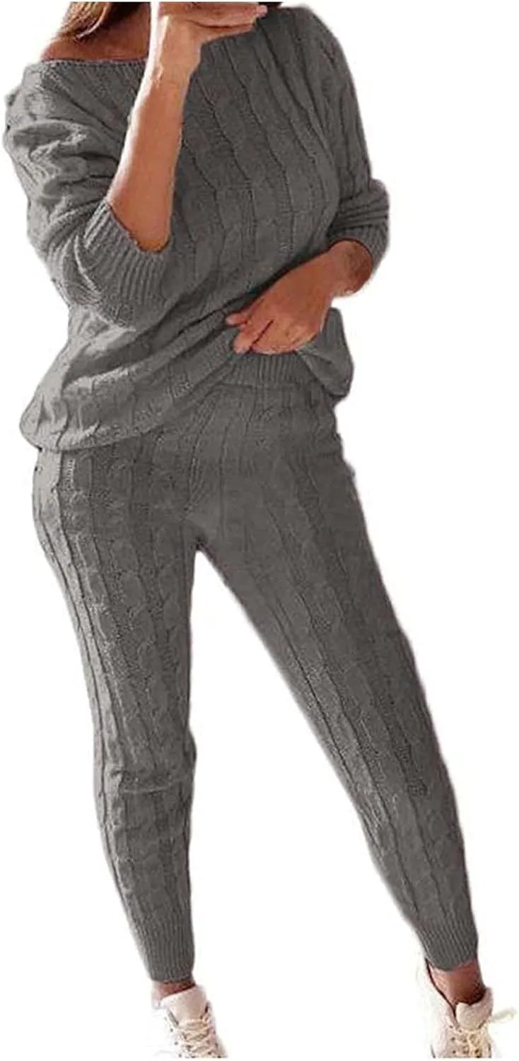 Women's Sweater Suit Solid Color Knitwear Tops Dress 2PC Set Plus Size Cable Knitted Pullover Skirt Pants Outfits