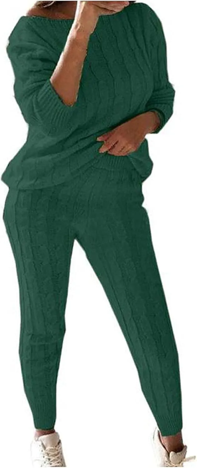 Women's Sweater Suit Solid Color Knitwear Tops Dress 2PC Set Plus Size Cable Knitted Pullover Skirt Pants Outfits