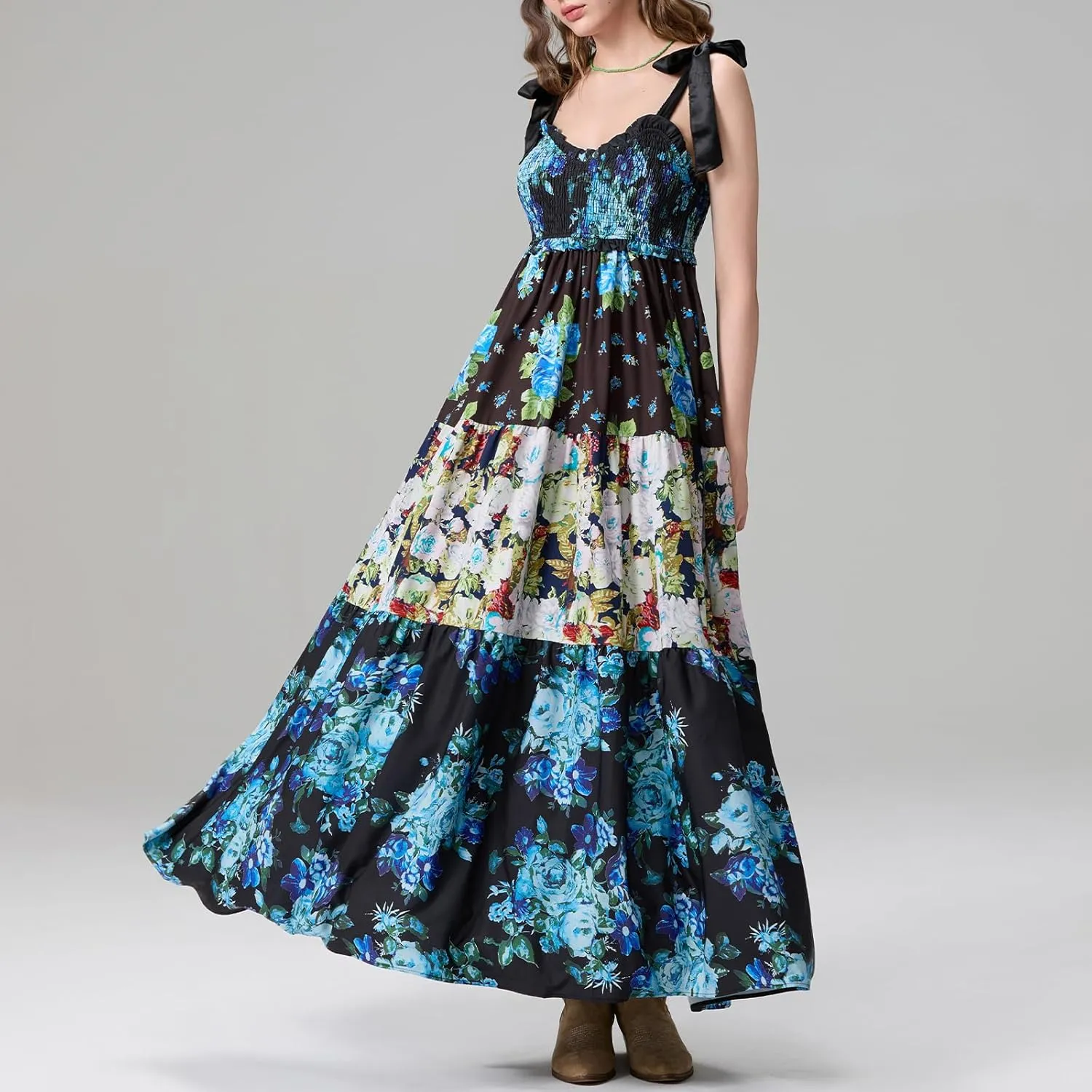 Womens Tie Shoulder Floral Boho Maxi Dress Sleeveless Flowy Tiered A Line Long Sundress Going Out Flower Beach Dress