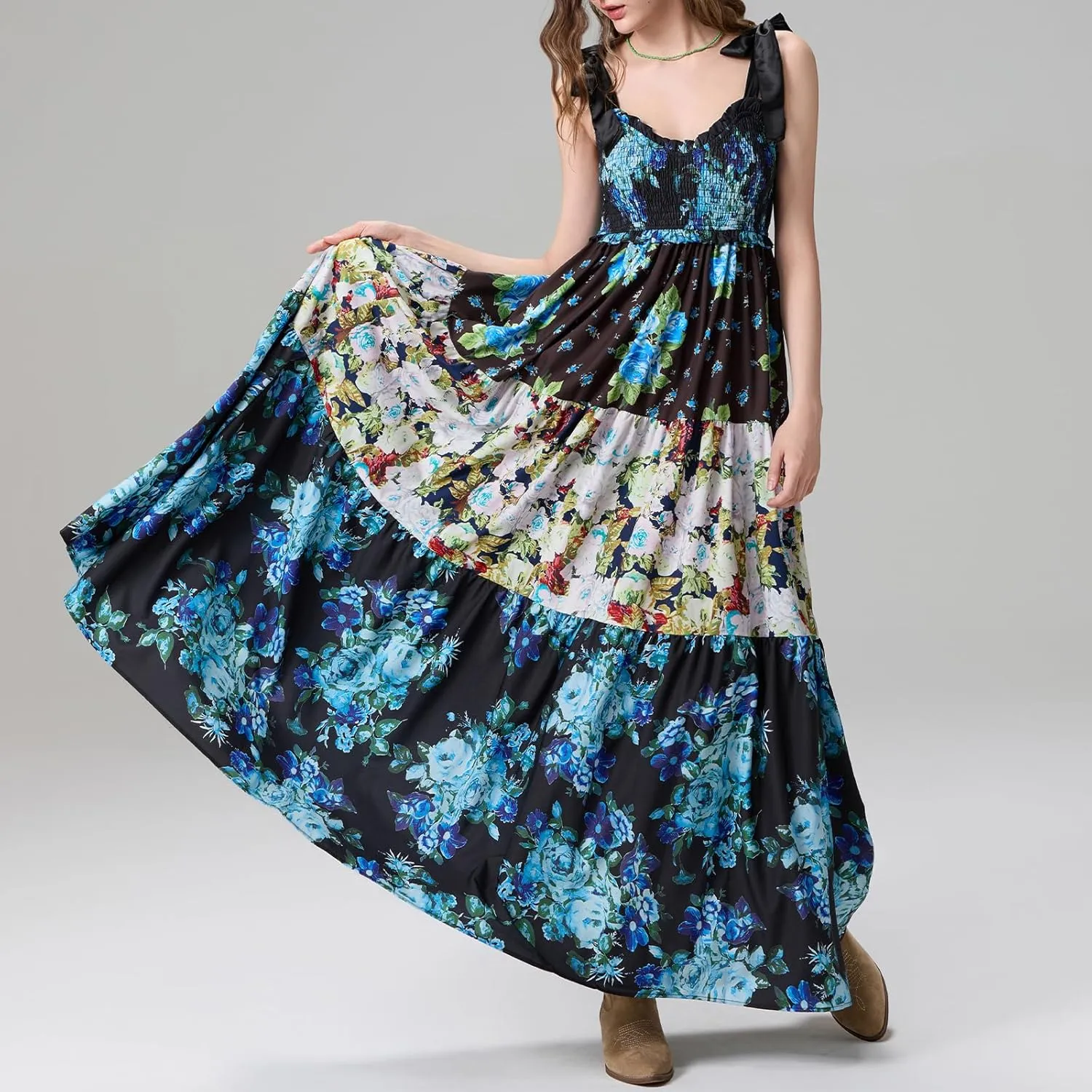 Womens Tie Shoulder Floral Boho Maxi Dress Sleeveless Flowy Tiered A Line Long Sundress Going Out Flower Beach Dress