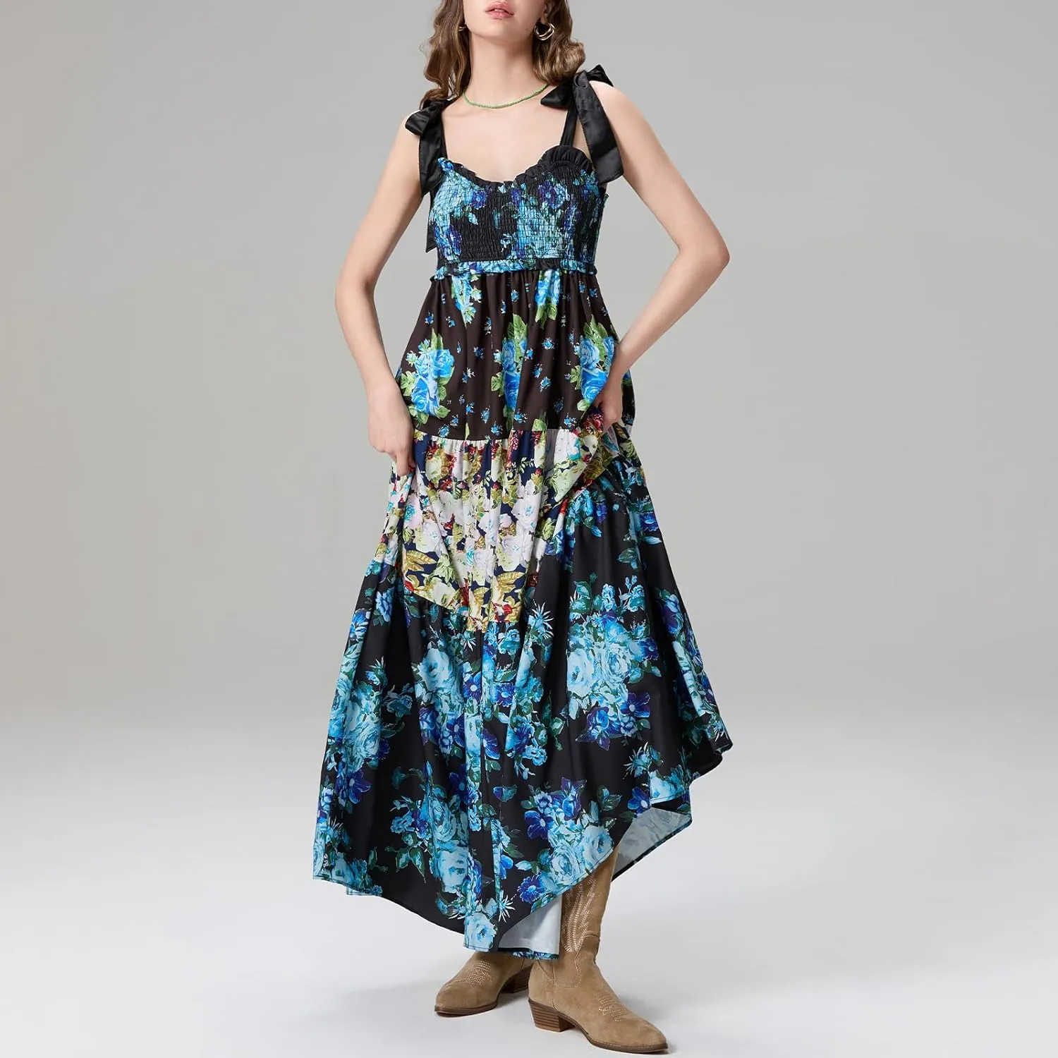 Womens Tie Shoulder Floral Boho Maxi Dress Sleeveless Flowy Tiered A Line Long Sundress Going Out Flower Beach Dress