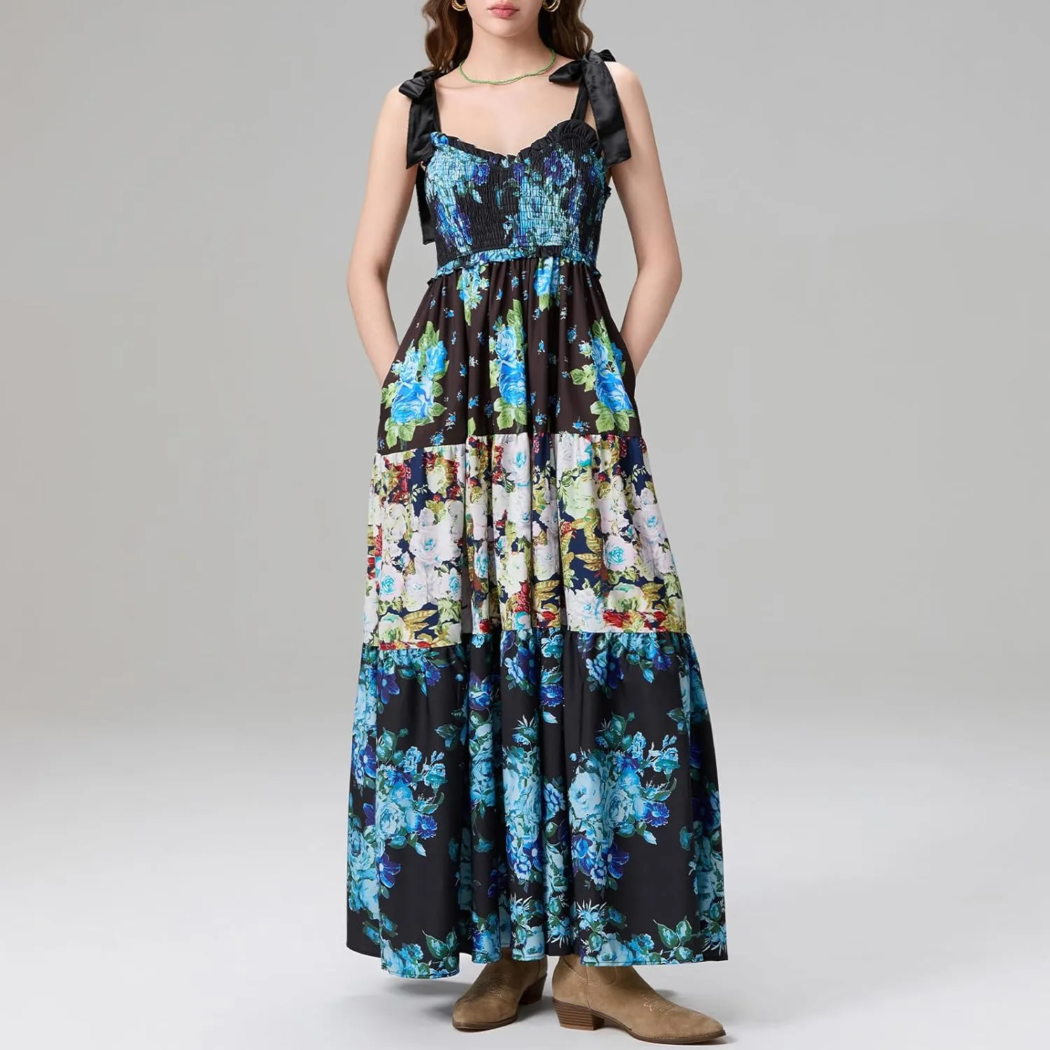 Womens Tie Shoulder Floral Boho Maxi Dress Sleeveless Flowy Tiered A Line Long Sundress Going Out Flower Beach Dress