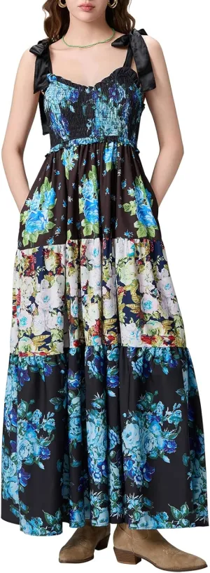 Womens Tie Shoulder Floral Boho Maxi Dress Sleeveless Flowy Tiered A Line Long Sundress Going Out Flower Beach Dress