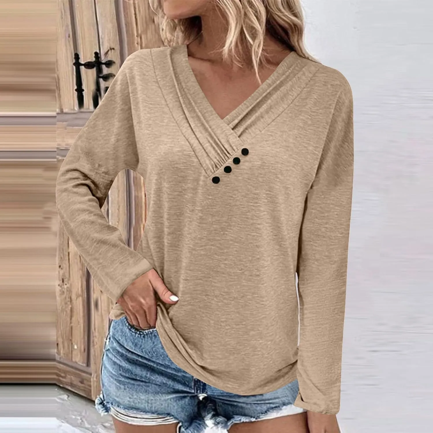 Womens Tops Button V Neck Long Sleeve T Shirt Chest Panel Ruched Solid Color Sweatshirts Lightweight Pullover