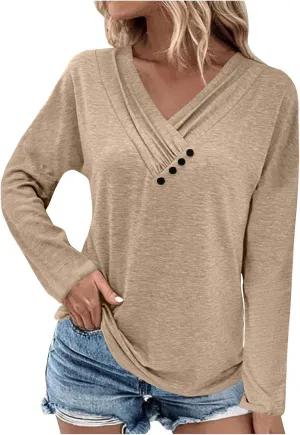 Womens Tops Button V Neck Long Sleeve T Shirt Chest Panel Ruched Solid Color Sweatshirts Lightweight Pullover
