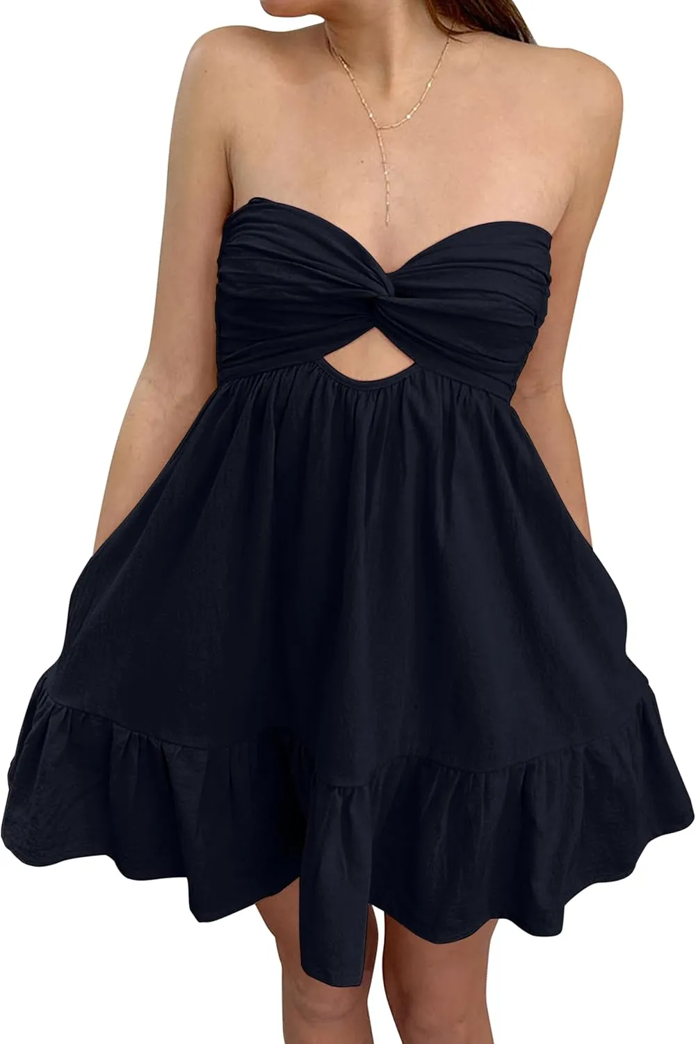 Women's Twist Front Cut Out Strapless Mini Dress Pleated Backless Ruffle A Line Bandeau 2024 Summer Tube Dress