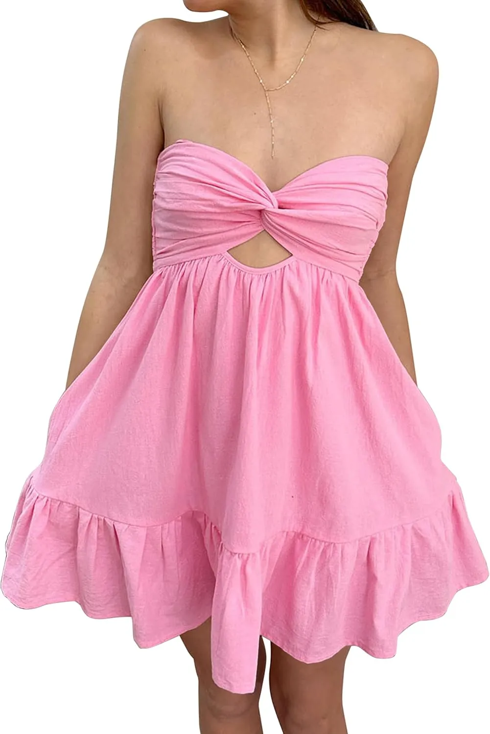 Women's Twist Front Cut Out Strapless Mini Dress Pleated Backless Ruffle A Line Bandeau 2024 Summer Tube Dress