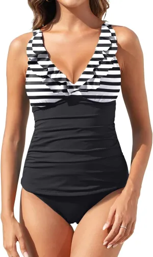 Womens Two Piece Swimsuits - Ruffle Flounce Tankini Tummy Control Bathing Suits V Neck Swimwear