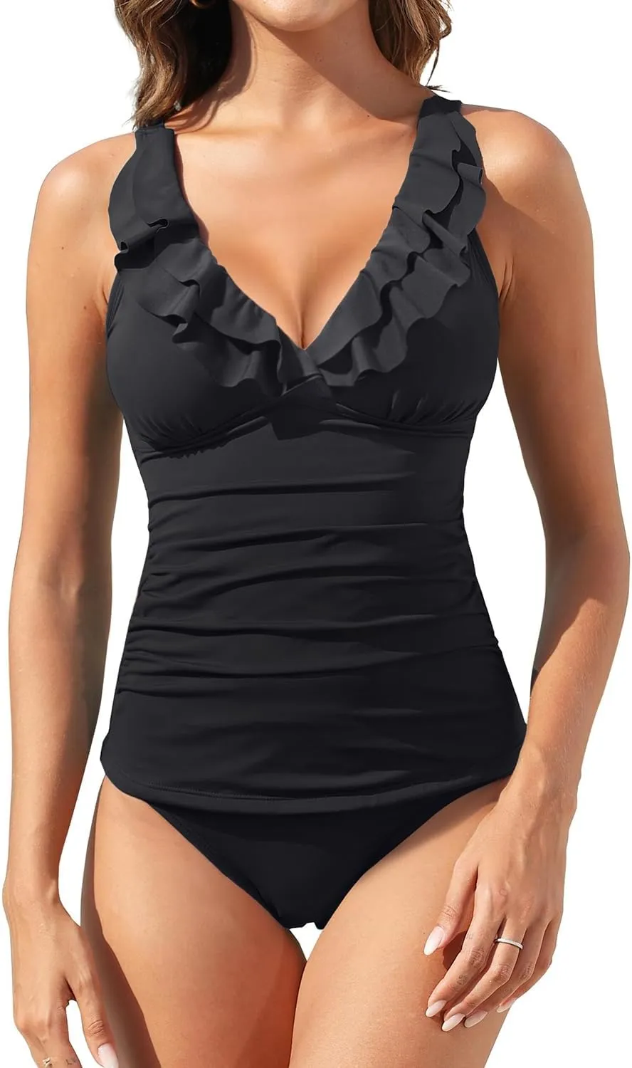 Womens Two Piece Swimsuits - Ruffle Flounce Tankini Tummy Control Bathing Suits V Neck Swimwear
