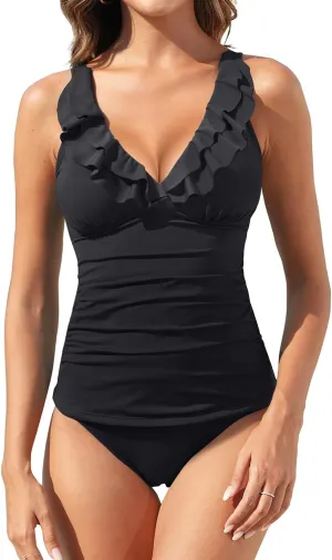 Womens Two Piece Swimsuits - Ruffle Flounce Tankini Tummy Control Bathing Suits V Neck Swimwear