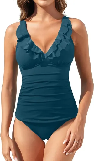 Womens Two Piece Swimsuits - Ruffle Flounce Tankini Tummy Control Bathing Suits V Neck Swimwear