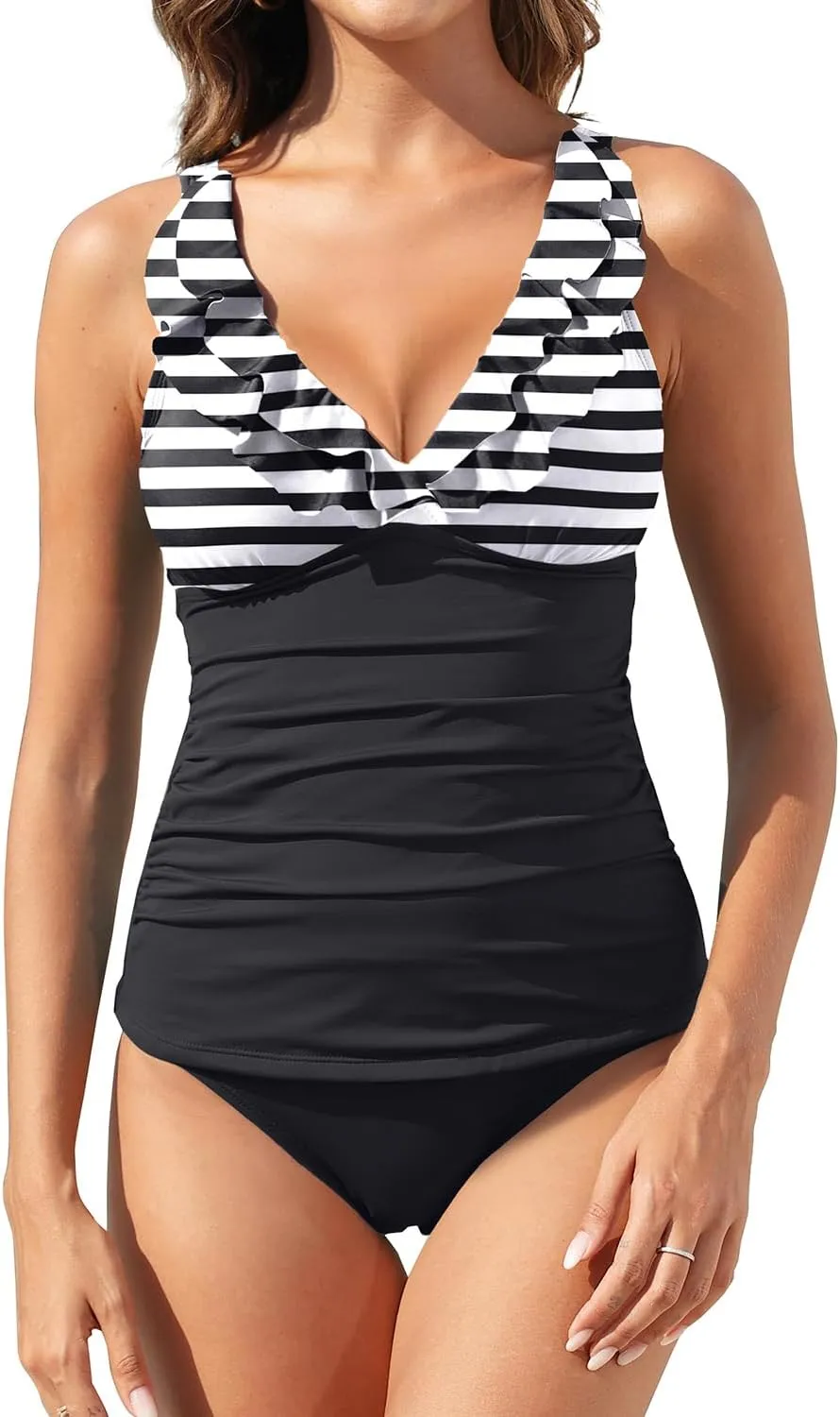 Womens Two Piece Swimsuits - Ruffle Flounce Tankini Tummy Control Bathing Suits V Neck Swimwear