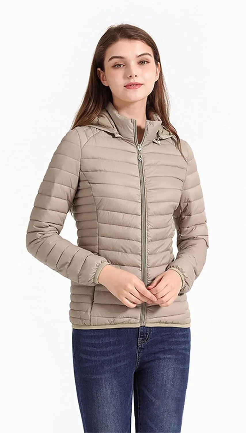 Women's Ultra Light Weight Packable Down Jacket Prkas with Removable Hoodie Full-Zip Quilted Jackets Winter Coat