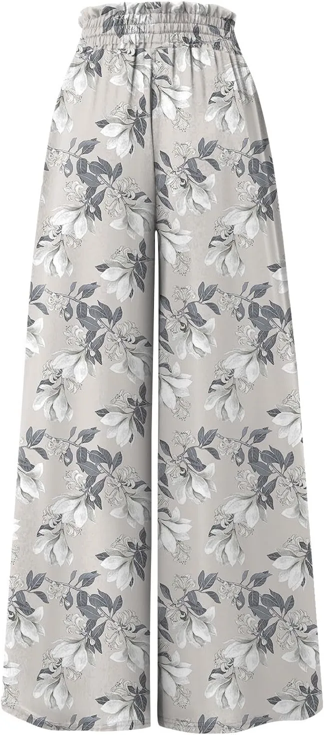 Womens Wide Leg Boho Pants Floral Solid Flowy Pants Lounge Beach with Pocket Resort Wear for Women 2025 Trendy