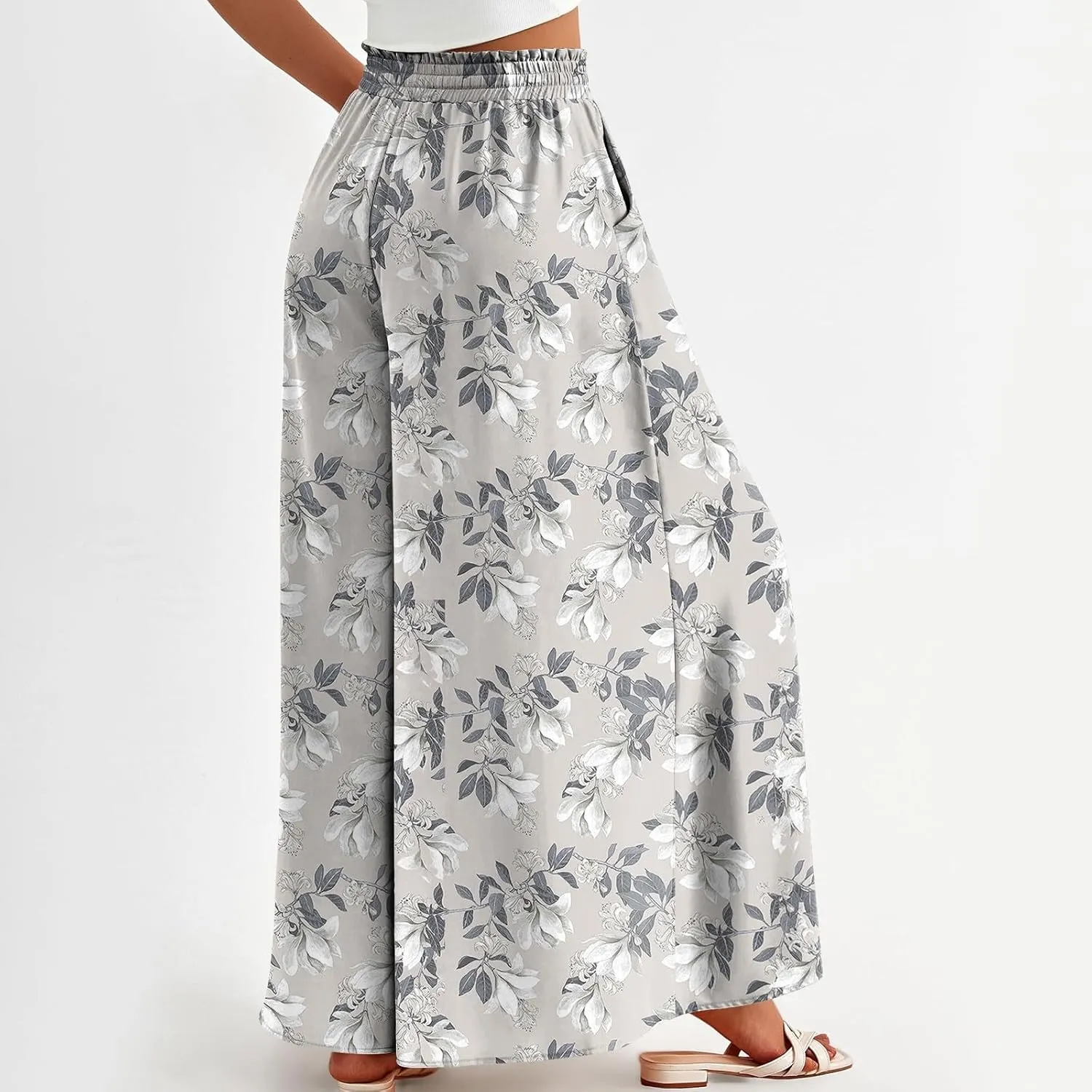 Womens Wide Leg Boho Pants Floral Solid Flowy Pants Lounge Beach with Pocket Resort Wear for Women 2025 Trendy