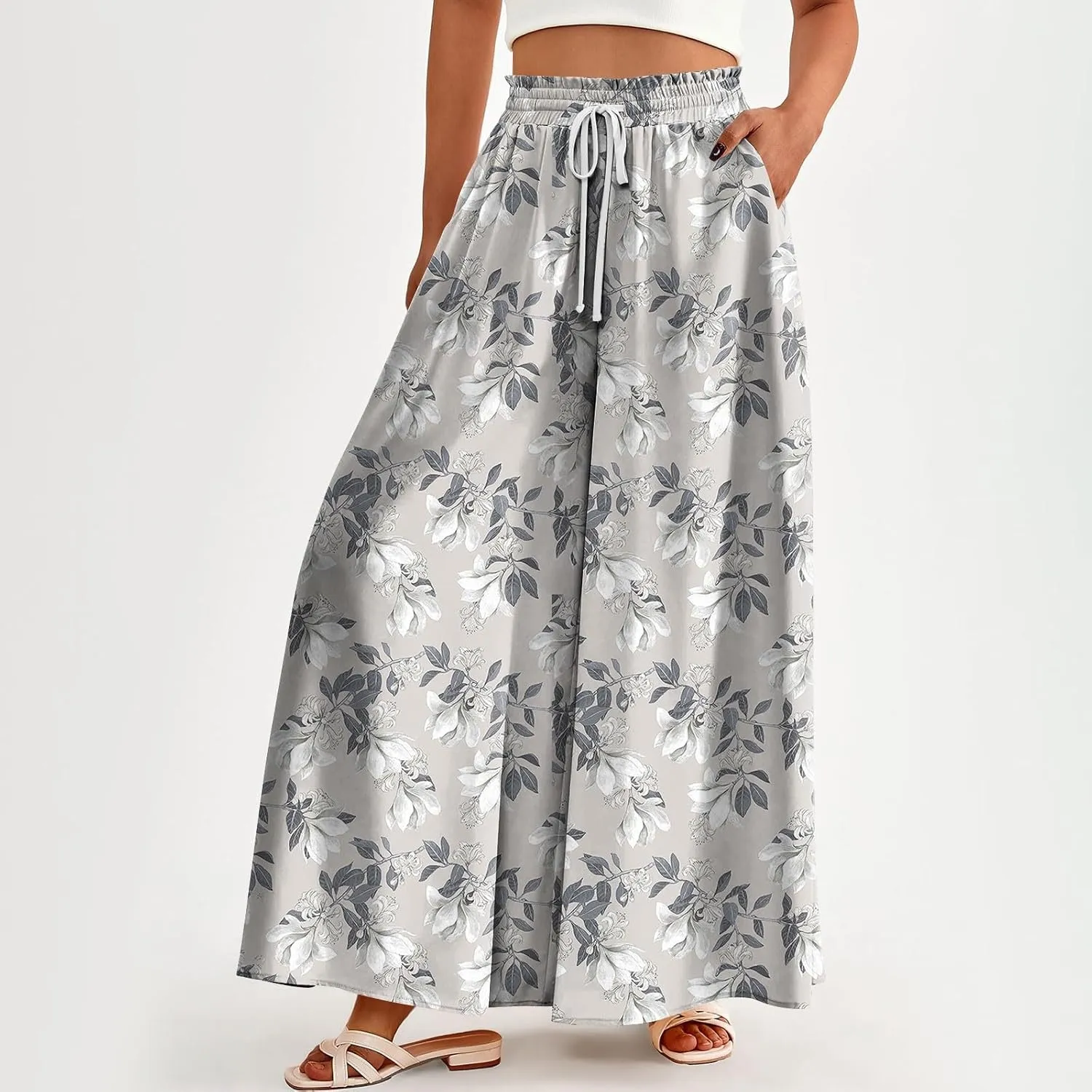 Womens Wide Leg Boho Pants Floral Solid Flowy Pants Lounge Beach with Pocket Resort Wear for Women 2025 Trendy