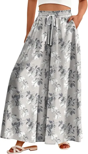 Womens Wide Leg Boho Pants Floral Solid Flowy Pants Lounge Beach with Pocket Resort Wear for Women 2025 Trendy