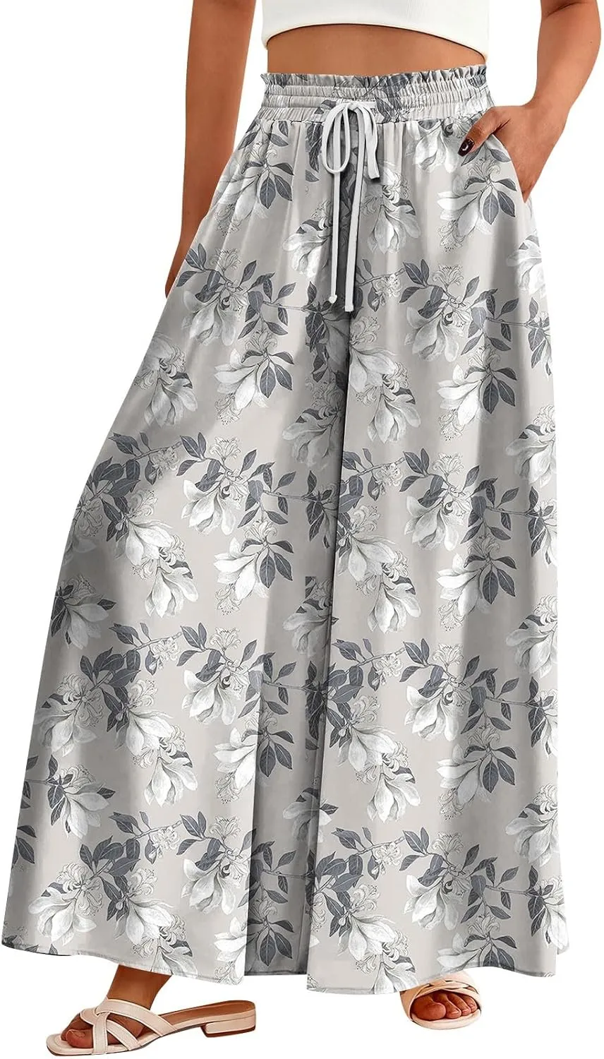 Womens Wide Leg Boho Pants Floral Solid Flowy Pants Lounge Beach with Pocket Resort Wear for Women 2025 Trendy