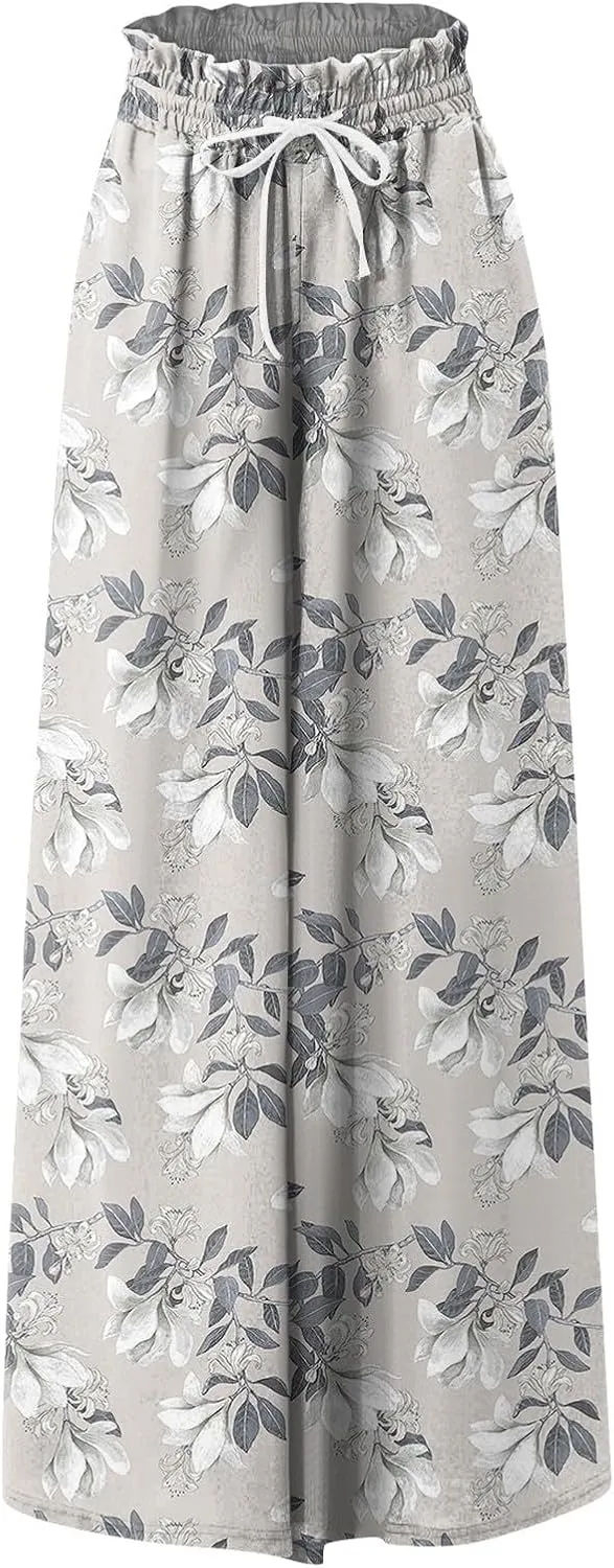 Womens Wide Leg Boho Pants Floral Solid Flowy Pants Lounge Beach with Pocket Resort Wear for Women 2025 Trendy