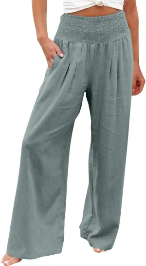 Women's Wide Leg Linen Pants Summer Loose High Waist Smocked Palazzo Pants Baggy Flowy Lounge Beach Pants Trousers
