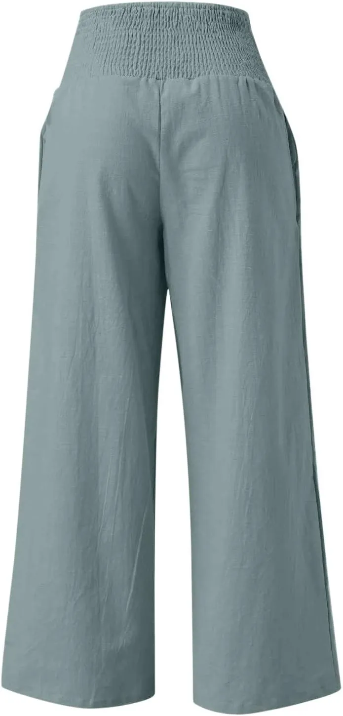 Women's Wide Leg Linen Pants Summer Loose High Waist Smocked Palazzo Pants Baggy Flowy Lounge Beach Pants Trousers