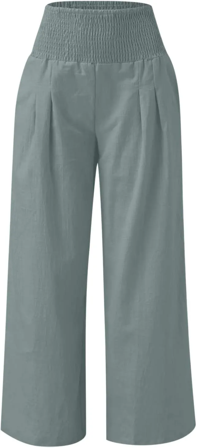 Women's Wide Leg Linen Pants Summer Loose High Waist Smocked Palazzo Pants Baggy Flowy Lounge Beach Pants Trousers