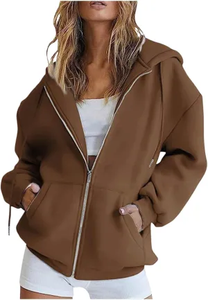 Womens Zip Up Y2k Hoodies Fall Fashion Oversized Long Sleeve Hooded Sweatshirt Casual Lightweight Jackets