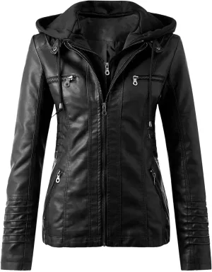 WUAI-Women Plus Size Faux Leather Jackets Hoodies Full Zip Casual Classy Warm Utility Motorcycle Coat Fall Clothes