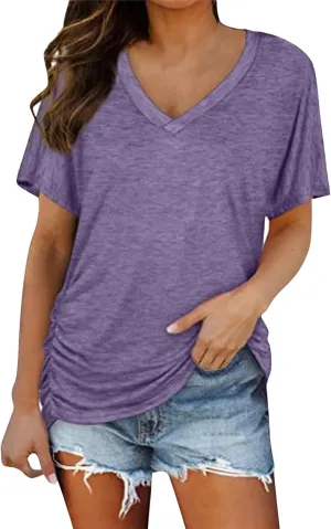 XIAOBU Leisure T-Shirt Women's Loose V Neck Short Sleeve Tunic Tops Shirred Side Hem Solid Soft Cozy Tee Shirt