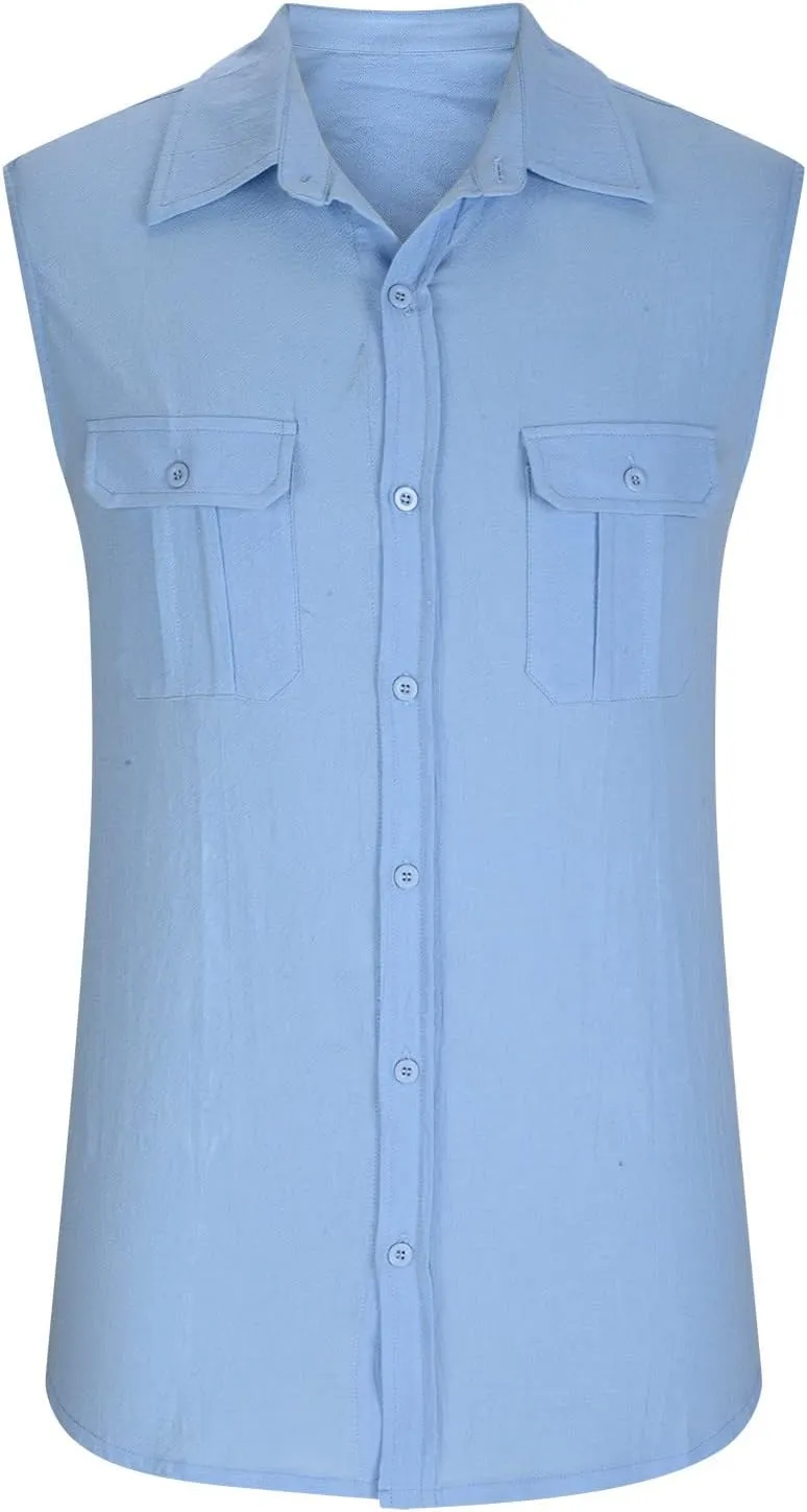 Xiaojmake Mens Sleeveless Button Down Shirts Collared Cotton Linen T-Shirt Summer Beach Basic Tank Tops Vest with Pockets