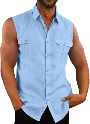 Xiaojmake Mens Sleeveless Button Down Shirts Collared Cotton Linen T-Shirt Summer Beach Basic Tank Tops Vest with Pockets