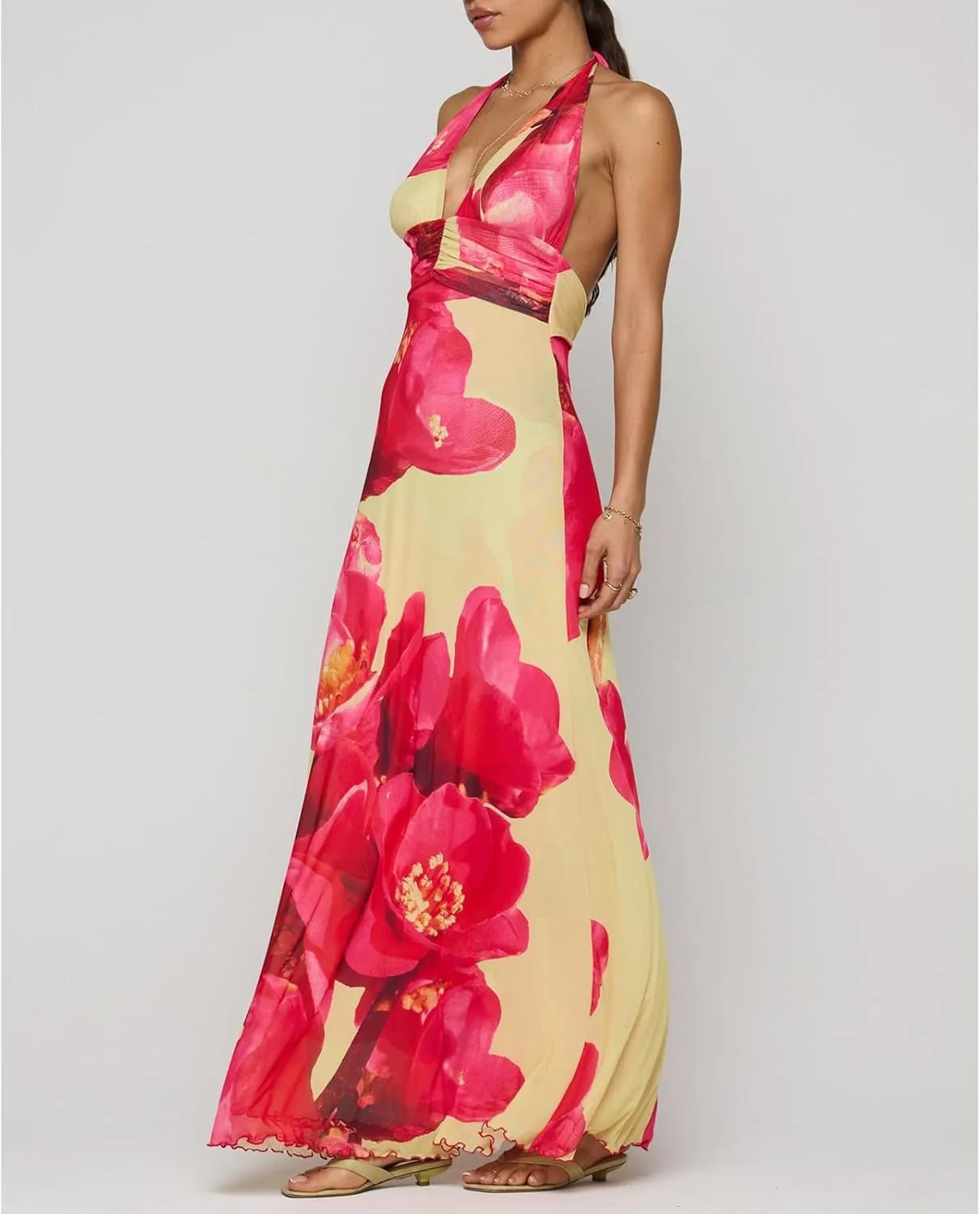 Y2k Womens Boho Floral Print Spaghetti Strap Maxi Bodycon Dress Summer Backless Dresses Beach Vacation Sundress