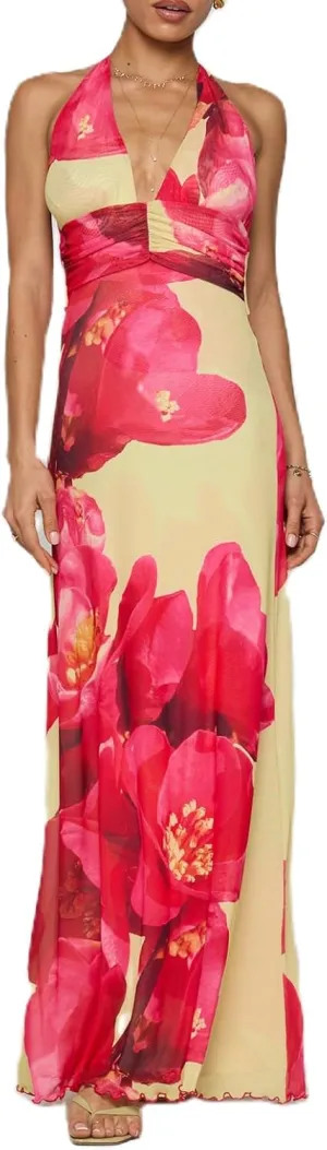 Y2k Womens Boho Floral Print Spaghetti Strap Maxi Bodycon Dress Summer Backless Dresses Beach Vacation Sundress