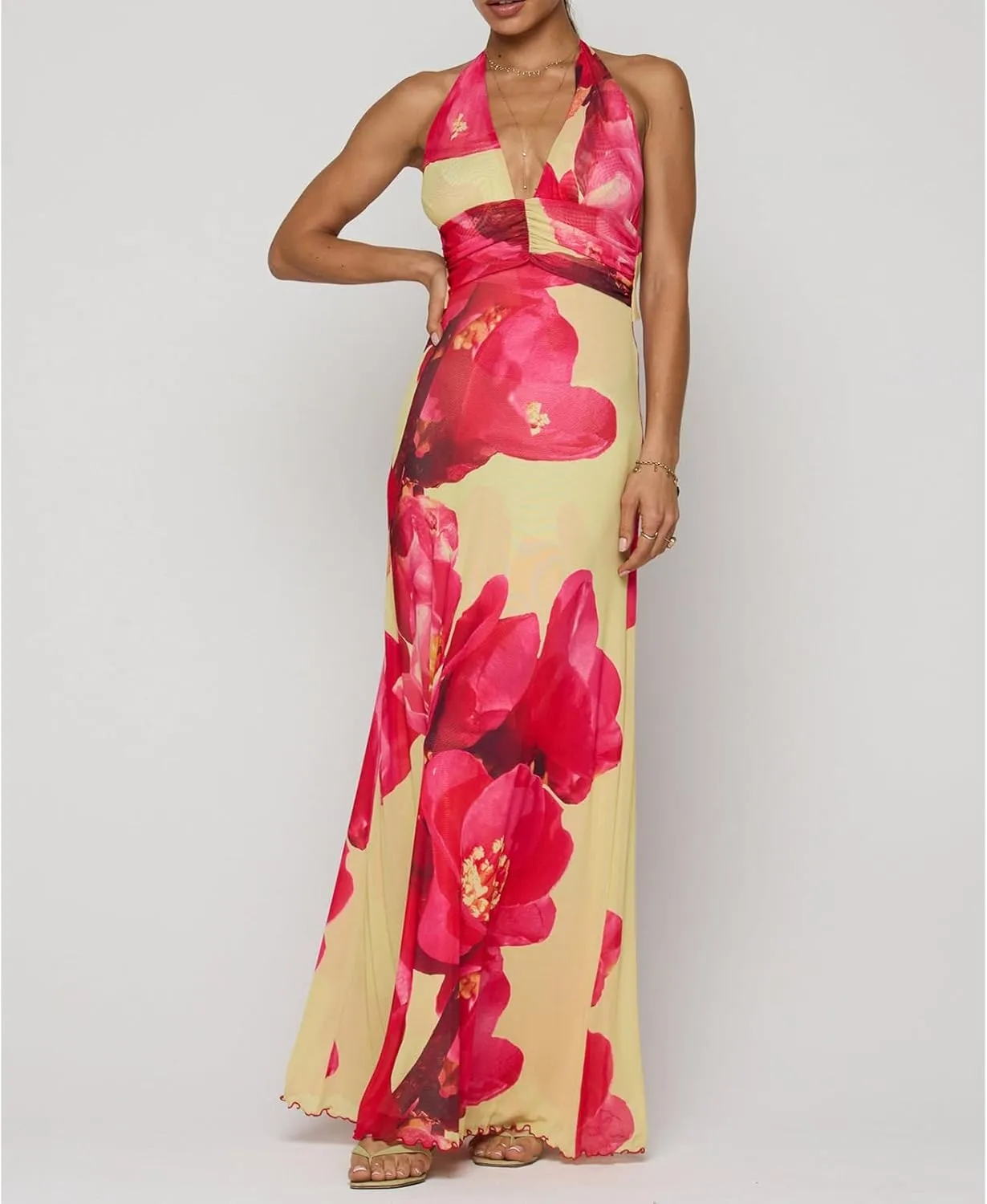 Y2k Womens Boho Floral Print Spaghetti Strap Maxi Bodycon Dress Summer Backless Dresses Beach Vacation Sundress