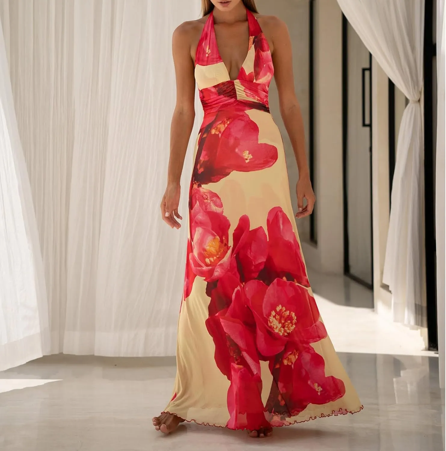 Y2k Womens Boho Floral Print Spaghetti Strap Maxi Bodycon Dress Summer Backless Dresses Beach Vacation Sundress