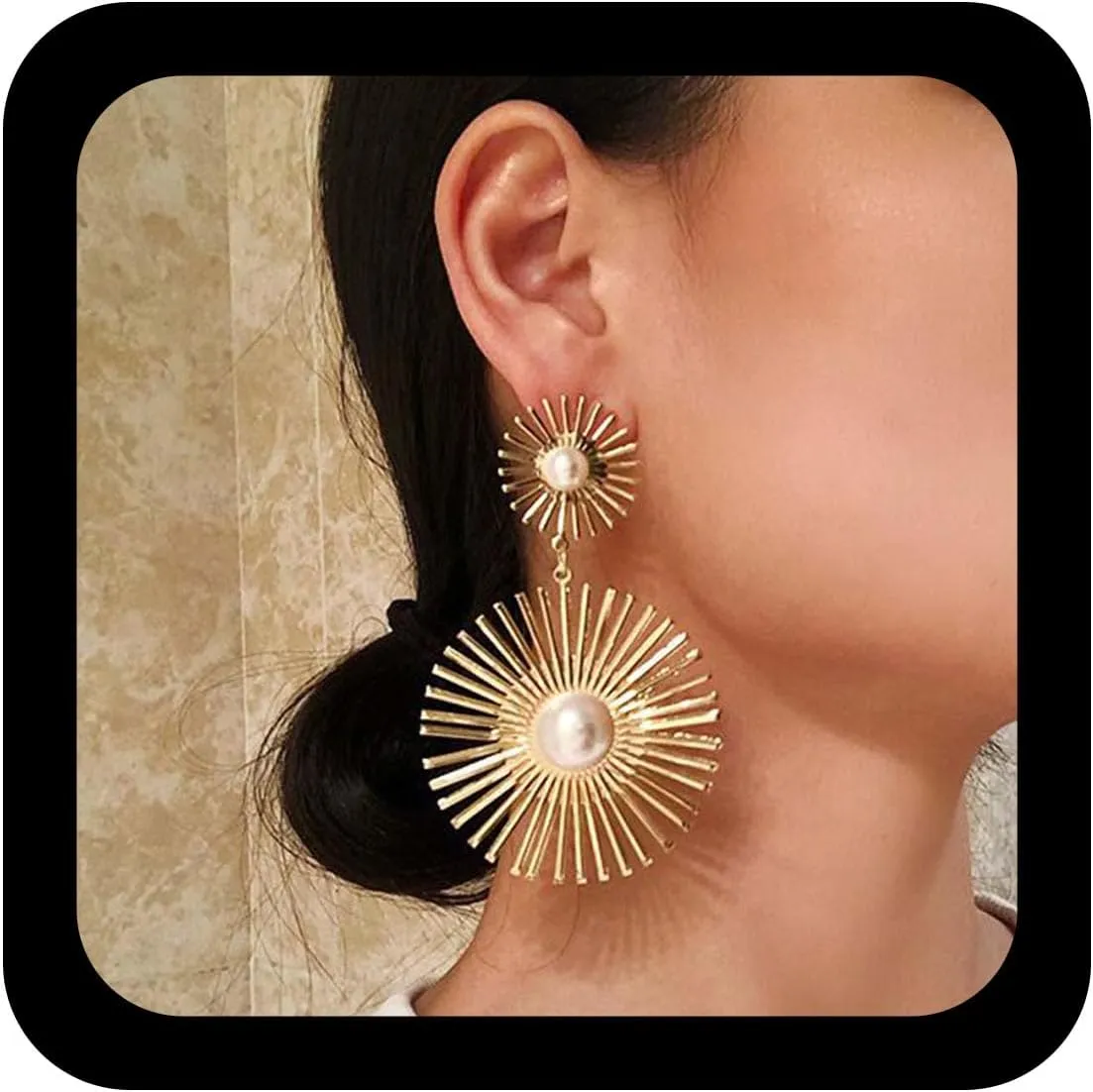 YienDoo Large Sunburst Pearl Drop Earrings Studs Exquisite Pearl Dangle Earrings Exaggerated Bridal Pearl Earrings Sparkly Gold Prom Pearl Earring Jewelry Gift for Women