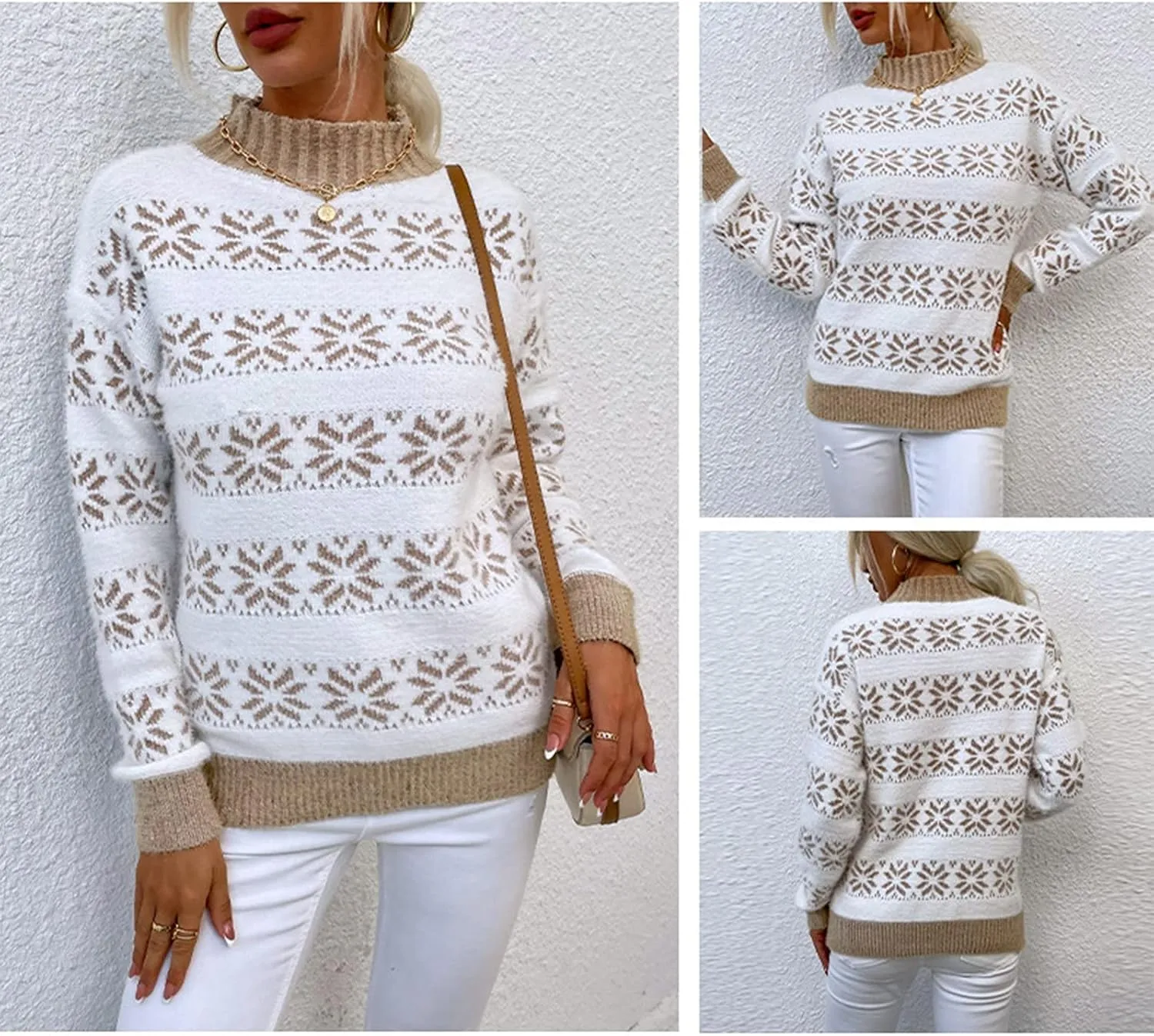 Ymosrh Women's Sweaters Fall Knitwear Christmas Snowflakes Half Turtleneck Sweater Clothes