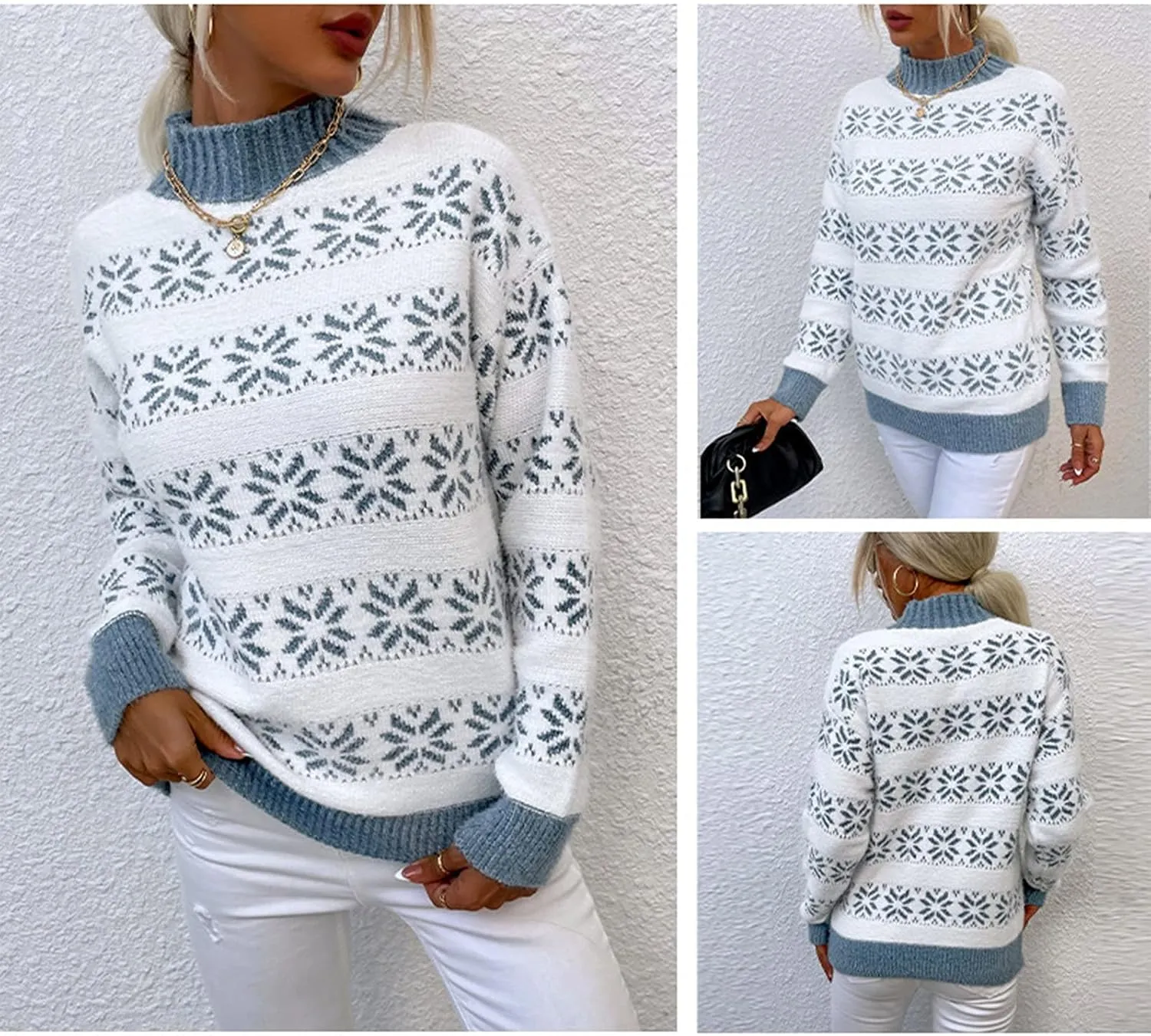 Ymosrh Women's Sweaters Fall Knitwear Christmas Snowflakes Half Turtleneck Sweater Clothes