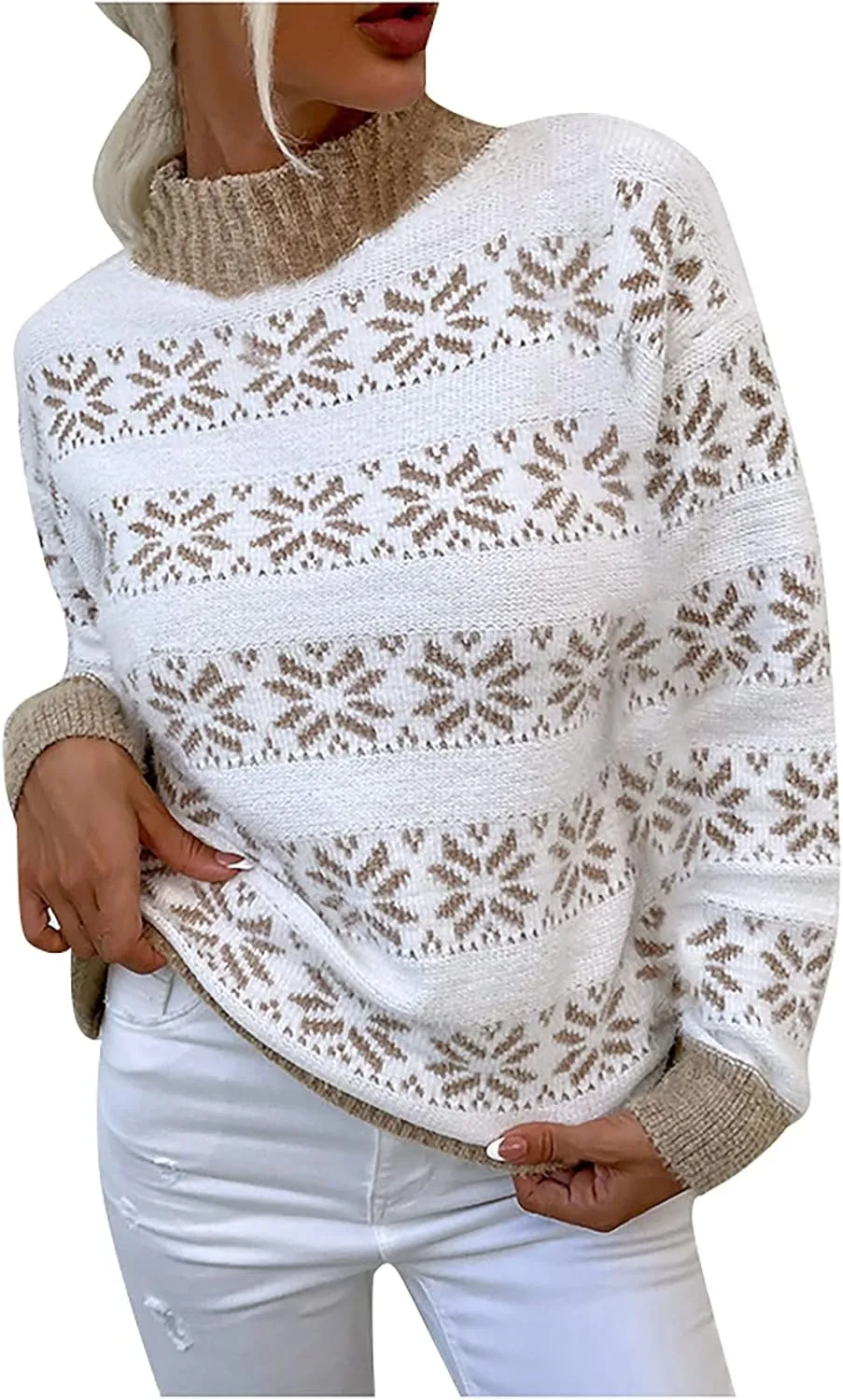Ymosrh Women's Sweaters Fall Knitwear Christmas Snowflakes Half Turtleneck Sweater Clothes