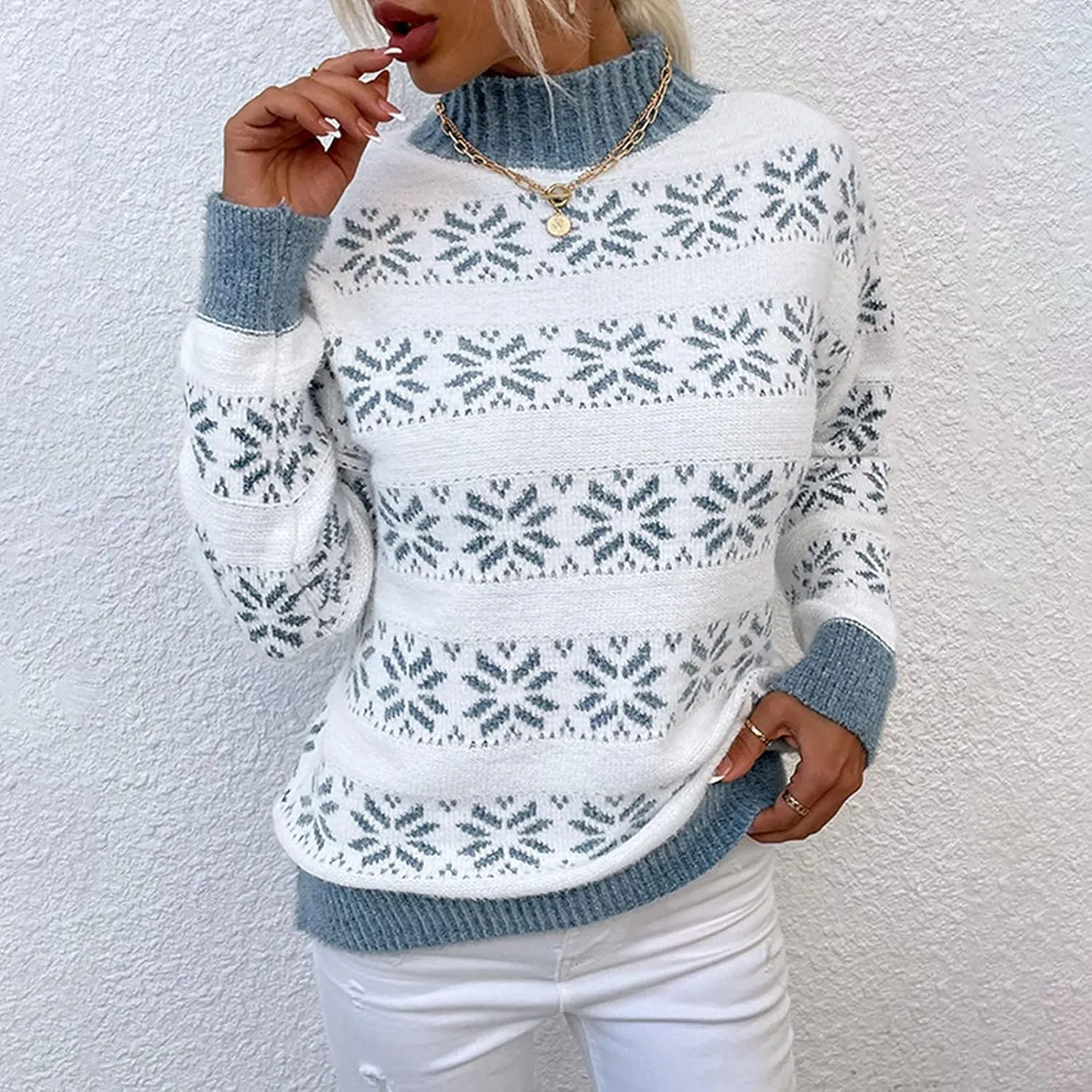 Ymosrh Women's Sweaters Fall Knitwear Christmas Snowflakes Half Turtleneck Sweater Clothes